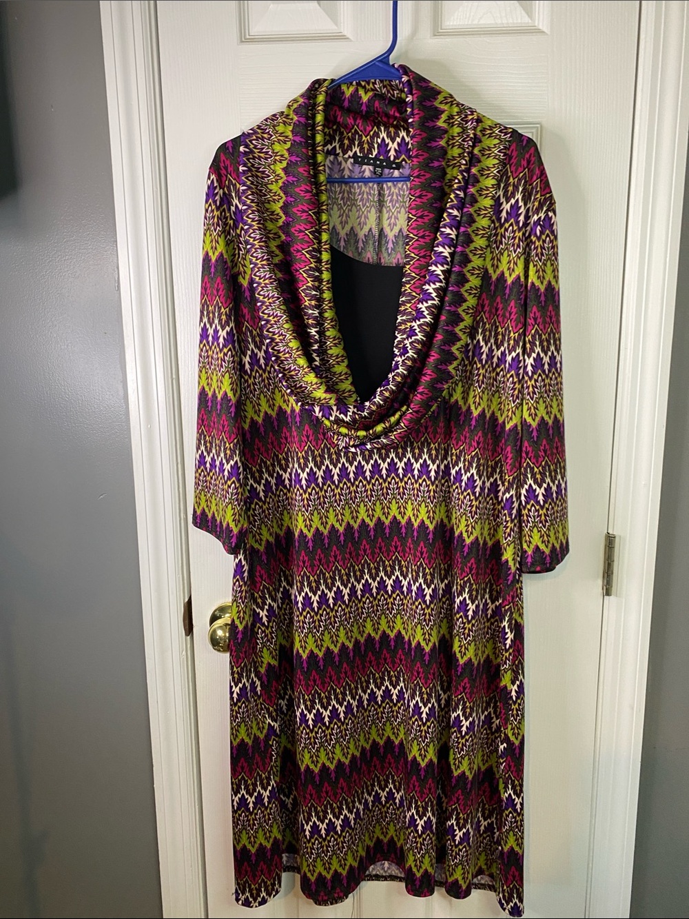 Tiana B. Zigzag Cowl-Neck Midi Dress - Pink, Green, Purple, Cream Size XLarge.